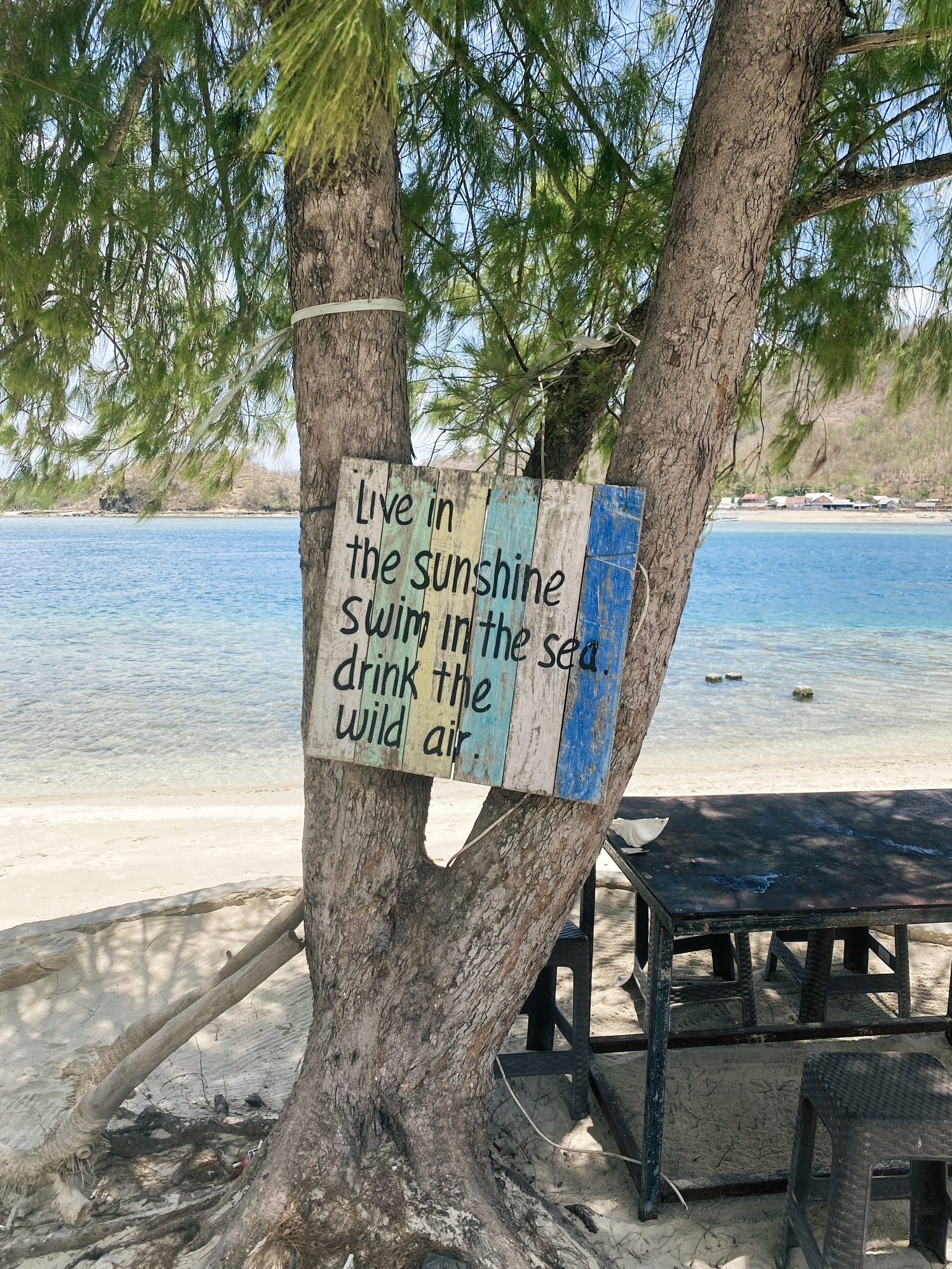 Wooden sign hanging from a tree on Gili Kedis, Lombok, Indonesia.